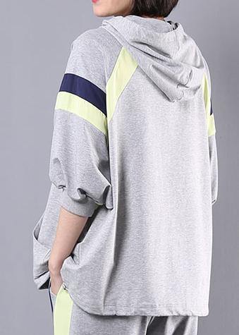 gray cotton casual two pieces hooded plus size top and elastic waist pants