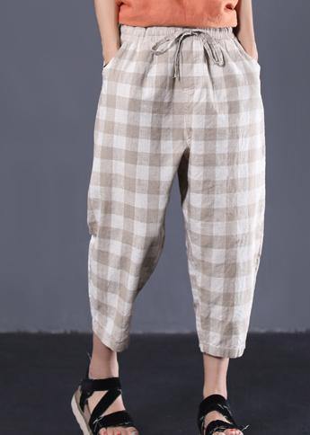 khaki plaid cotton pants plus size drawstring casual pants