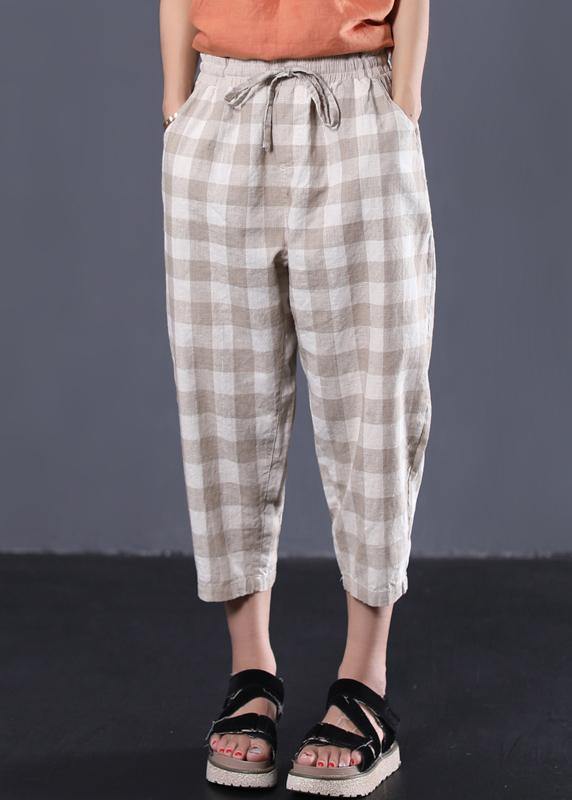 khaki plaid cotton pants plus size drawstring casual pants