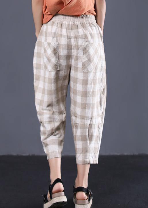 khaki plaid cotton pants plus size drawstring casual pants