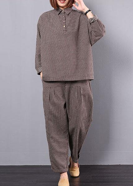 khaki plaid vintage cotton linen two pieces long sleeve shirt with women casual pants