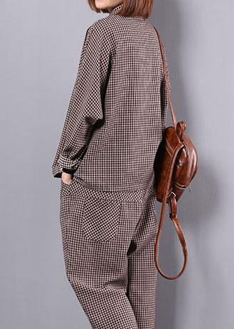 khaki plaid vintage cotton linen two pieces long sleeve shirt with women casual pants