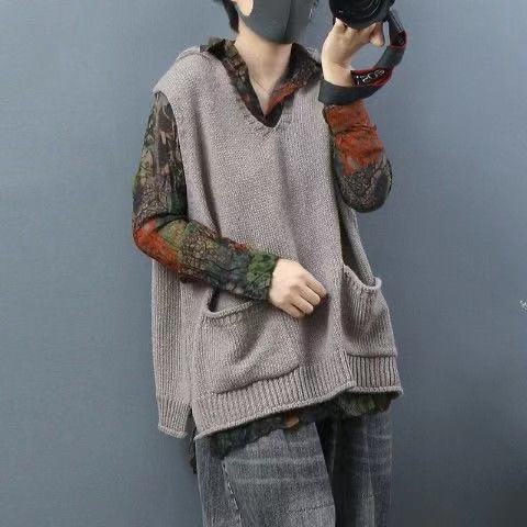 2025 New Loose Large Size Literary Hooded Knit Waistcoat Sweater Coat