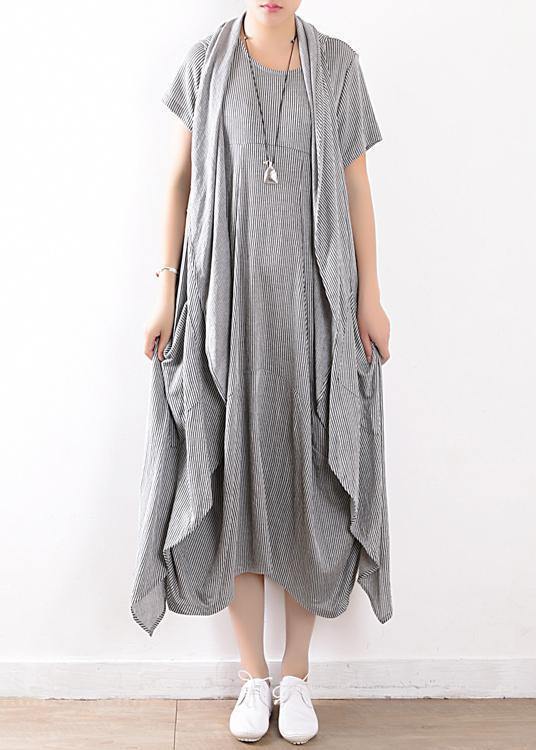 new 2025 gray linen two pieces sleeveless cardigans and o neck maxi dress