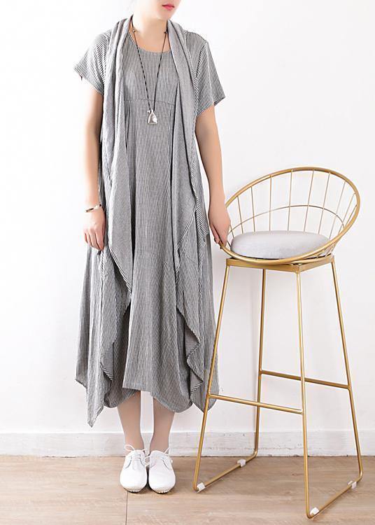 new 2025 gray linen two pieces sleeveless cardigans and o neck maxi dress