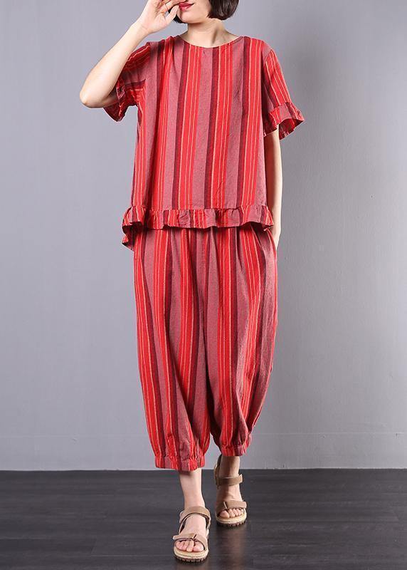 new 2025 red striped two pieces red ruffles low high design tops and elastic waist harem pants