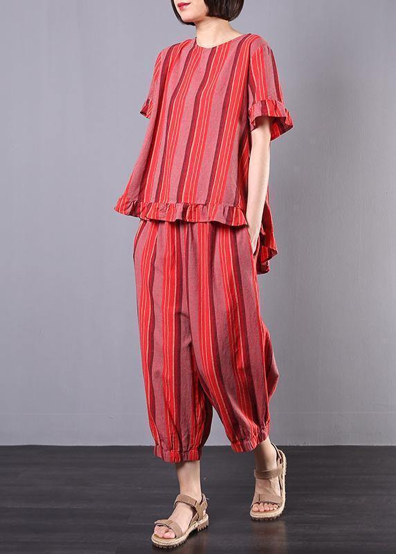 new 2025 red striped two pieces red ruffles low high design tops and elastic waist harem pants