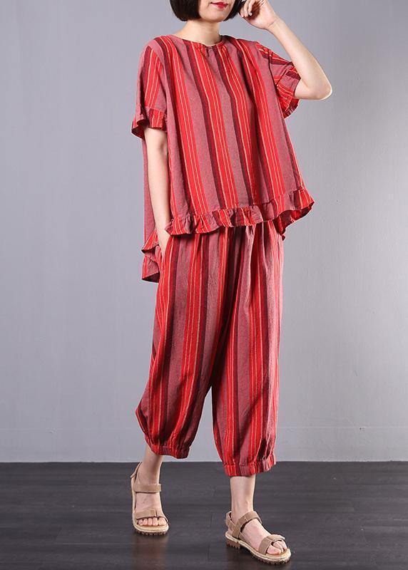 new 2025 red striped two pieces red ruffles low high design tops and elastic waist harem pants