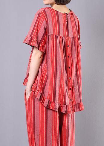 new 2025 red striped two pieces red ruffles low high design tops and elastic waist harem pants