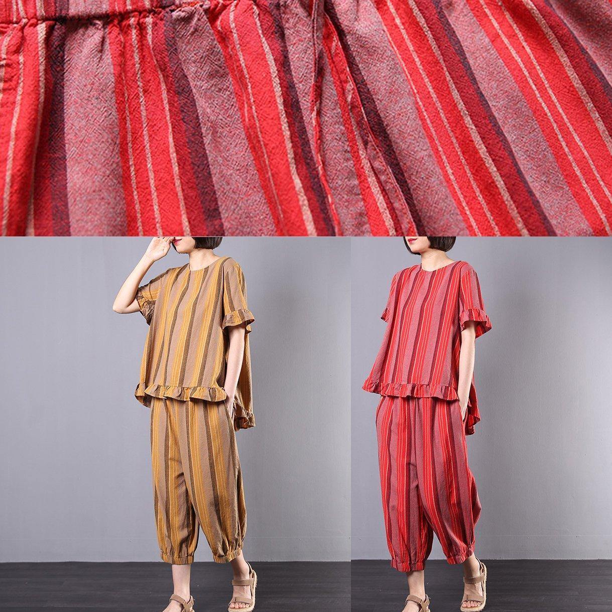 new 2025 red striped two pieces red ruffles low high design tops and elastic waist harem pants