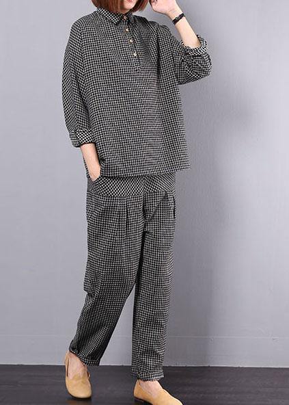 new autumn black plaid cotton lapel collar long sleeve shirt and patchwork elastic waist pants two pieces