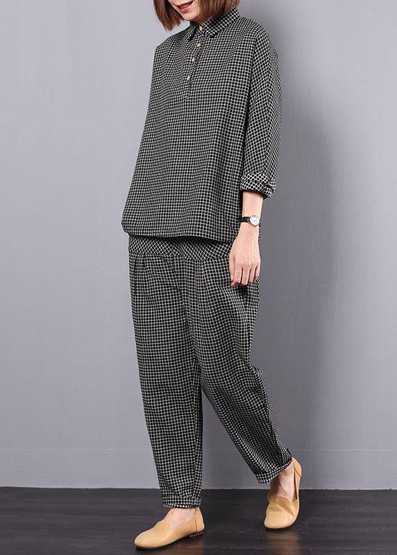 new autumn black plaid cotton lapel collar long sleeve shirt and patchwork elastic waist pants two pieces