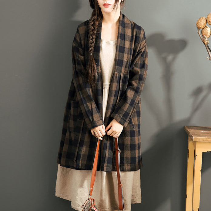 new chocolate grid cotton cardigans plus size long sleeve high waist shirt coats