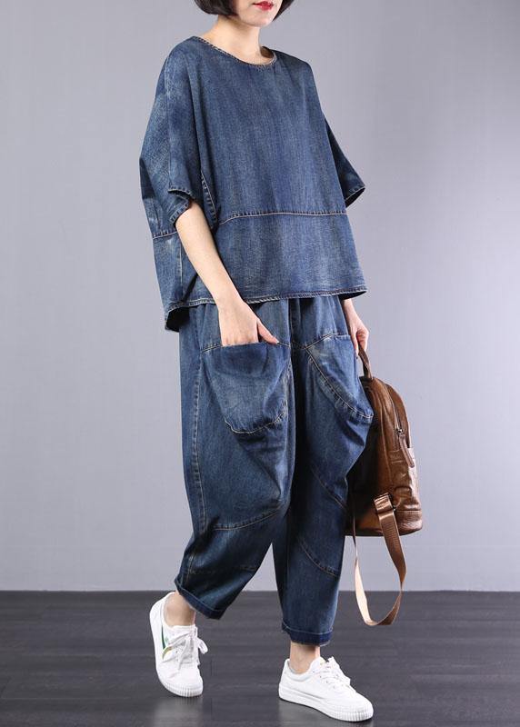 new denim blue cotton short sleeve o neck tops and big pockets pants two pieces