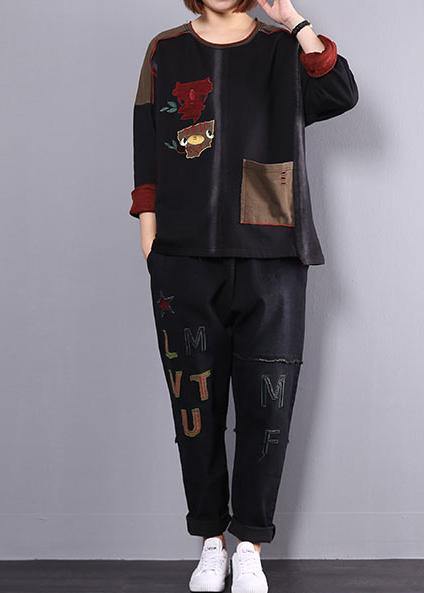 new fall cotton black patchwork blouse with casual harem pants