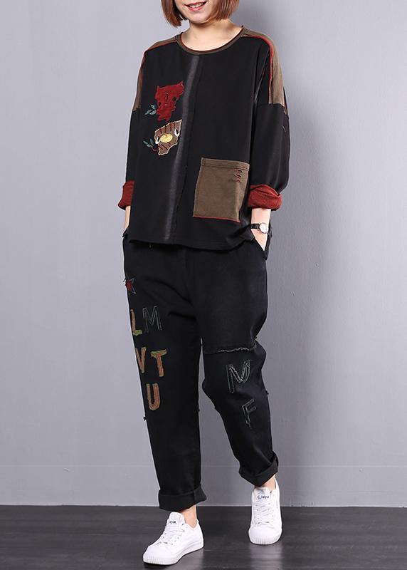 new fall cotton black patchwork blouse with casual harem pants