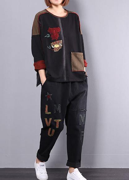 new fall cotton black patchwork blouse with casual harem pants