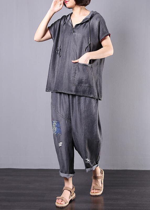 new gray casual vintage cotton two pieces hooded pullover and Appliques elastic waist  pants