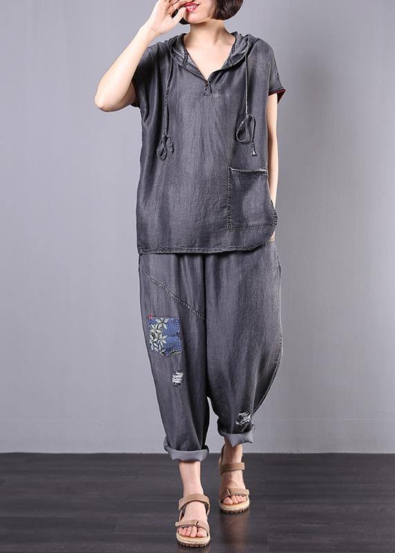 new gray casual vintage cotton two pieces hooded pullover and Appliques elastic waist  pants