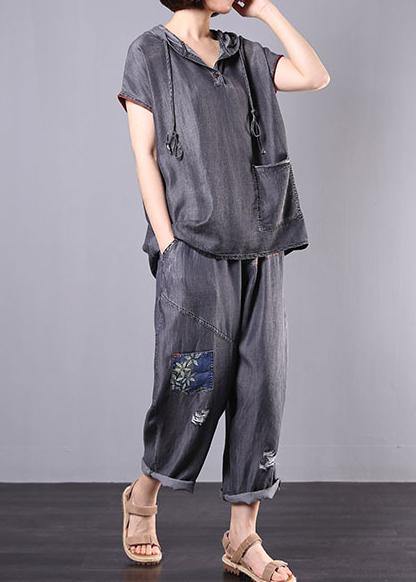 new gray casual vintage cotton two pieces hooded pullover and Appliques elastic waist  pants