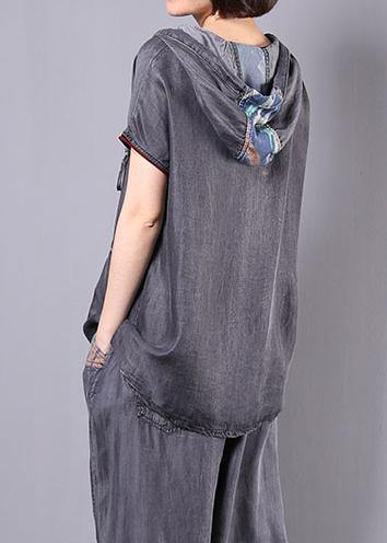 new gray casual vintage cotton two pieces hooded pullover and Appliques elastic waist  pants