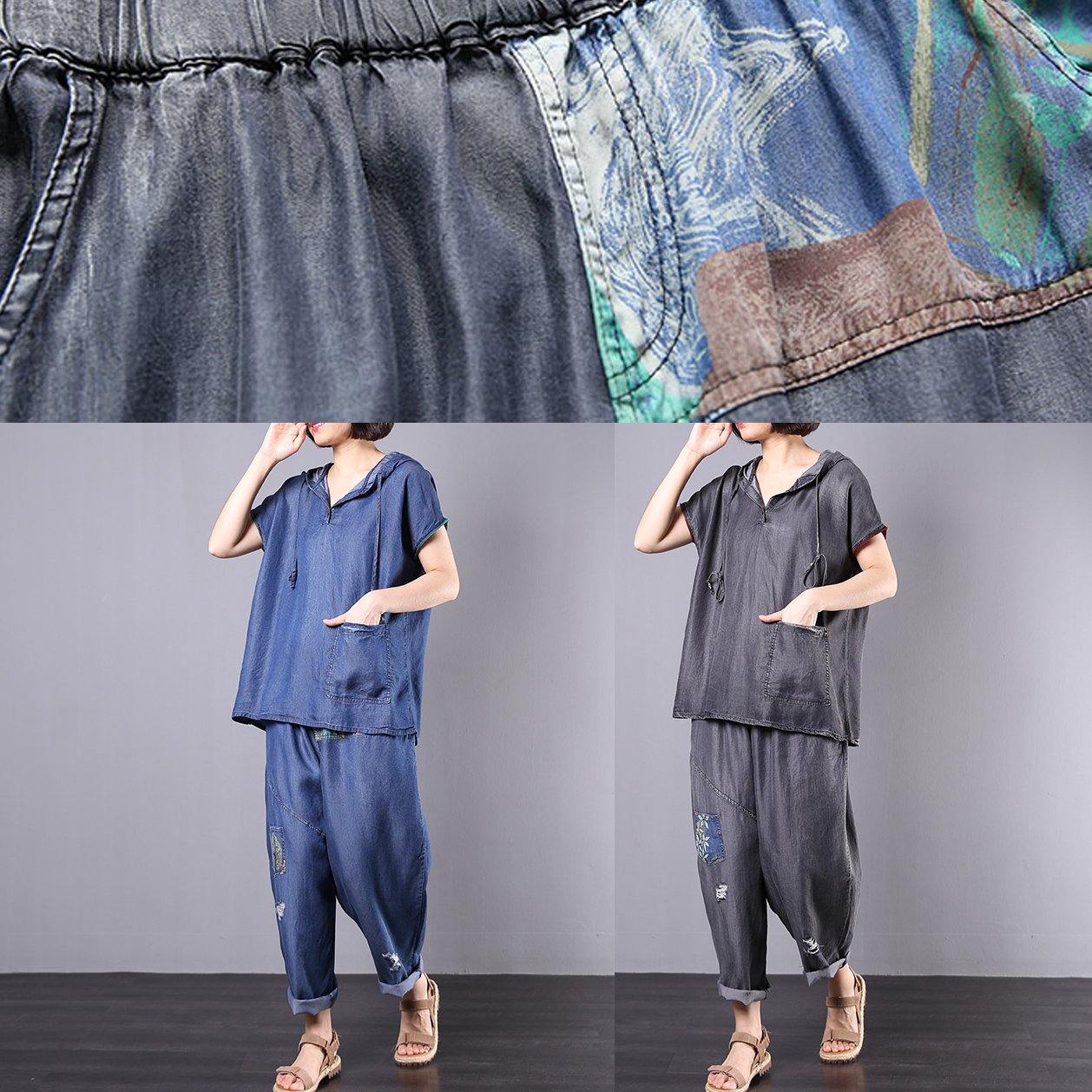 new gray casual vintage cotton two pieces hooded pullover and Appliques elastic waist  pants