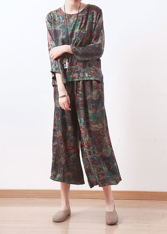 New Green Floral Chiffon Two Pieces O Neck Casual Tops With Women Loose Wide-leg Pants