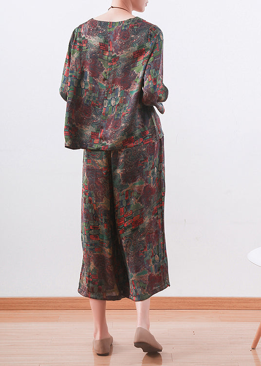 New Green Floral Chiffon Two Pieces O Neck Casual Tops With Women Loose Wide-leg Pants