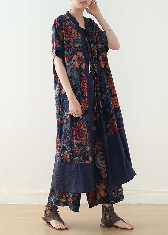 new loose blue retro print pattern v-neck silk cardigan and wide leg pants two-piece