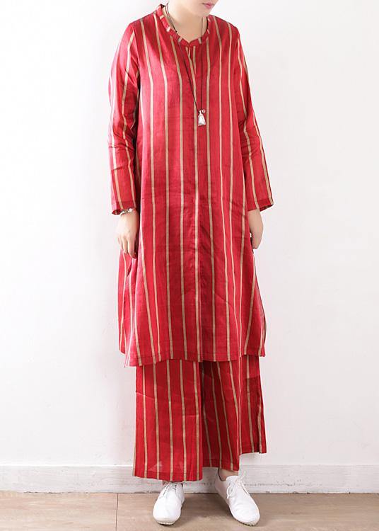 new striped red silk linen long shirt and elastic waist pants