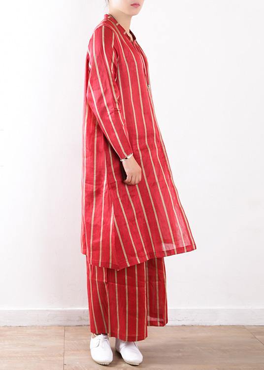 new striped red silk linen long shirt and elastic waist pants