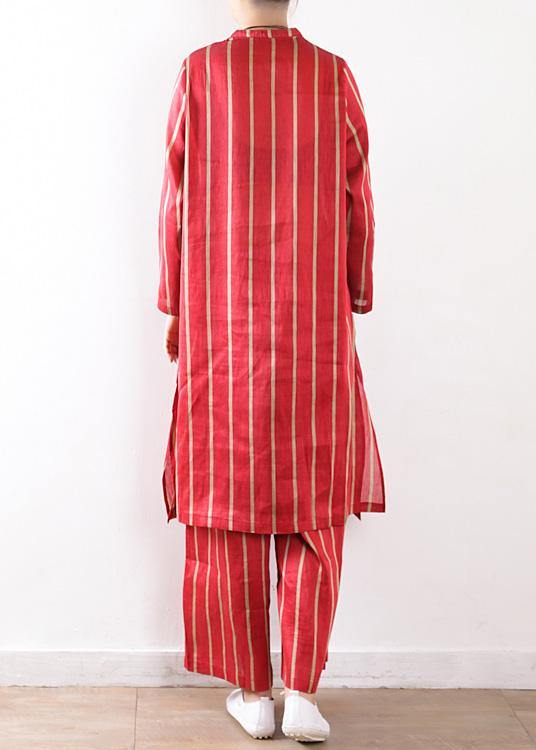 new striped red silk linen long shirt and elastic waist pants