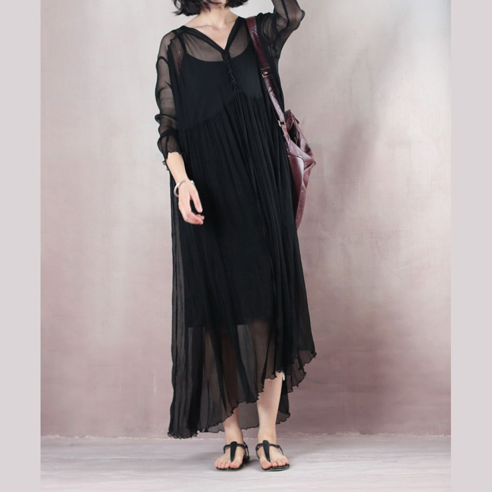 original designed black summer dress V neck long sleeve length dress baggy dresses summer dress