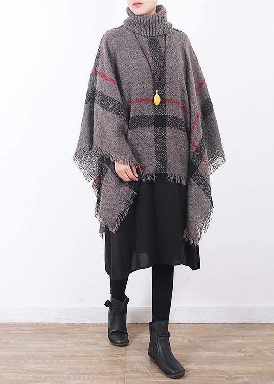 oversize dark gray tassel high neck sweater plaid women casual cloak