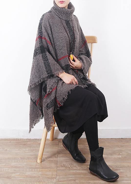 oversize dark gray tassel high neck sweater plaid women casual cloak