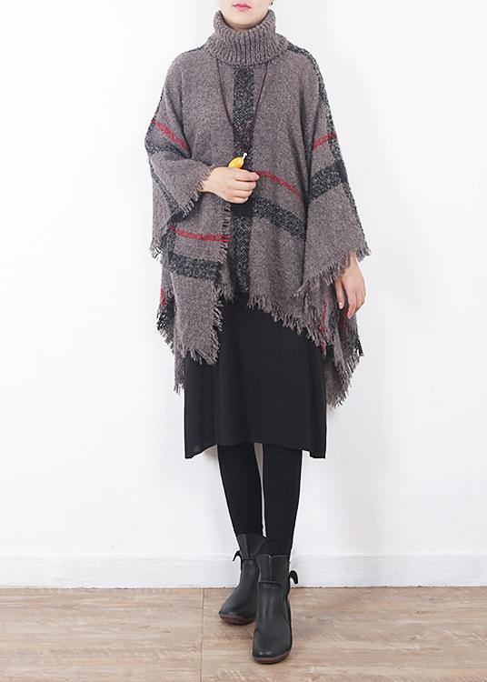 oversize dark gray tassel high neck sweater plaid women casual cloak