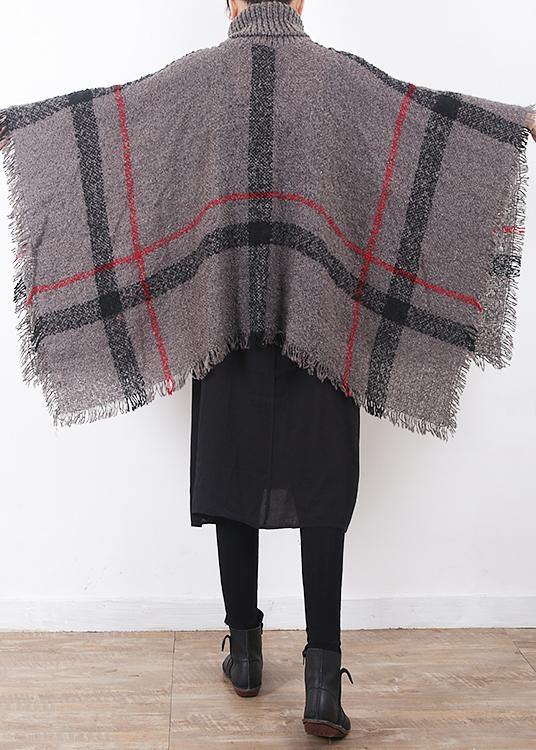 oversize dark gray tassel high neck sweater plaid women casual cloak