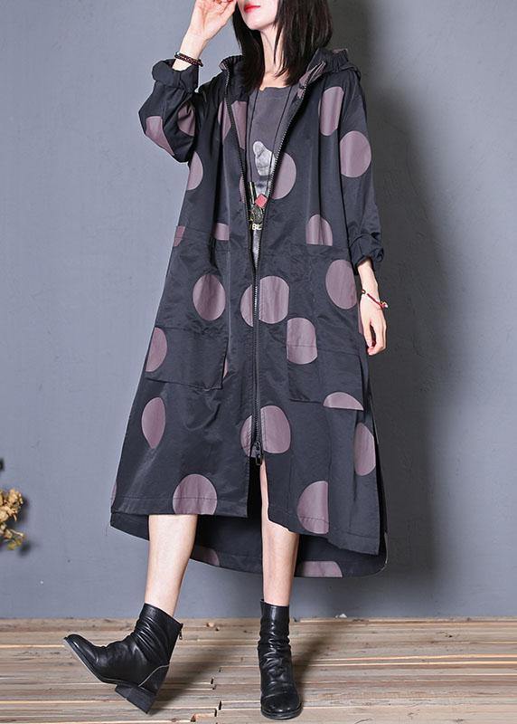 plus size fall coat black dotted hooded pockets Coat Women