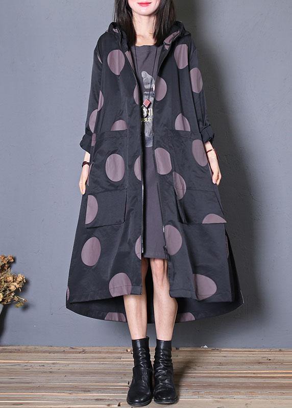 plus size fall coat black dotted hooded pockets Coat Women