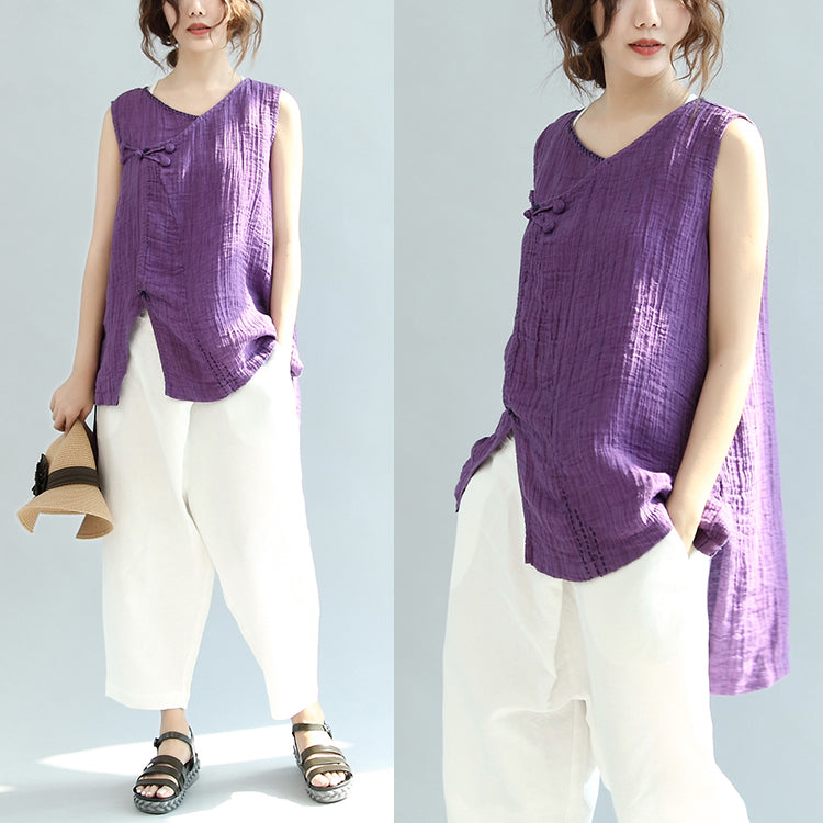 print casual linen tops vintage loose blouse Chinese Button sleeveless t shirt