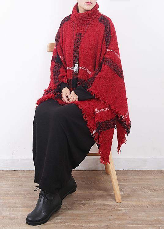 red plaid tassel cloak women casual high neck knit sweater