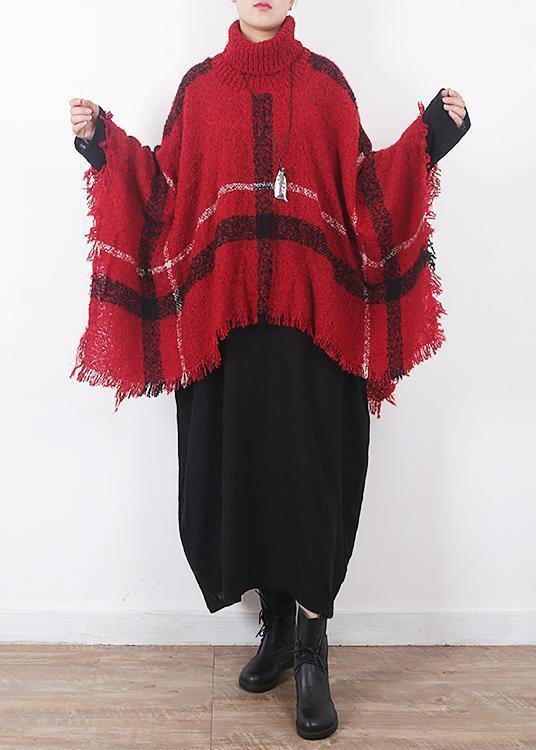 red plaid tassel cloak women casual high neck knit sweater