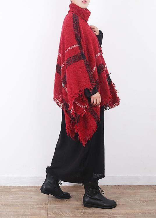 red plaid tassel cloak women casual high neck knit sweater