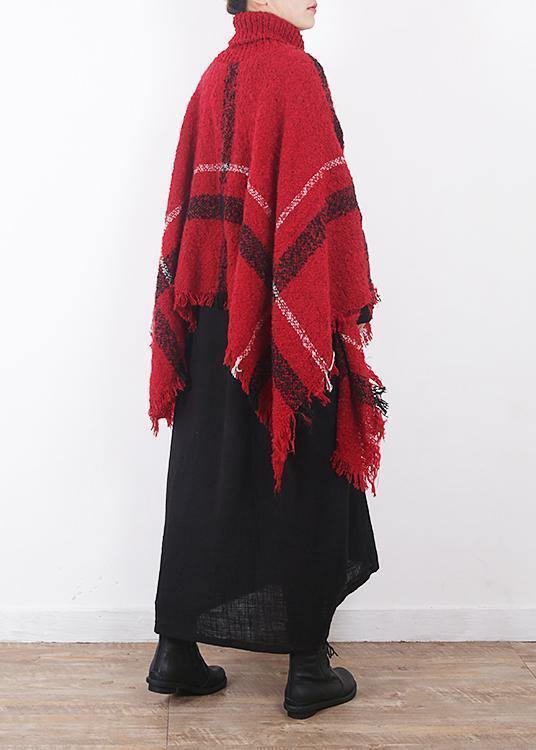 red plaid tassel cloak women casual high neck knit sweater