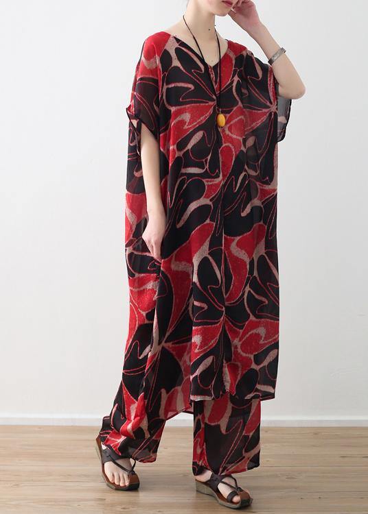 red prints chiffon v neck long tops and vintage casual pants two pieces