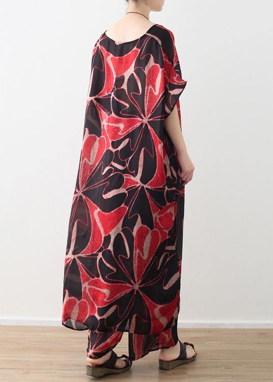 red prints chiffon v neck long tops and vintage casual pants two pieces