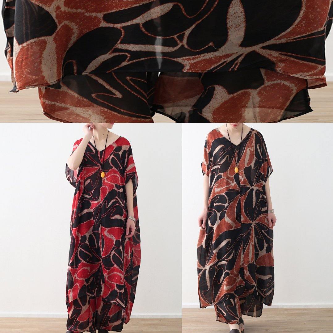 red prints chiffon v neck long tops and vintage casual pants two pieces