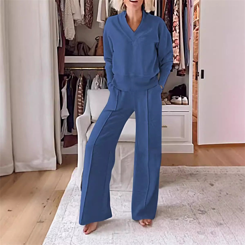 🎉49% OFF🥳Women's Solid Color V-neck Top & Pants Two-piece Set