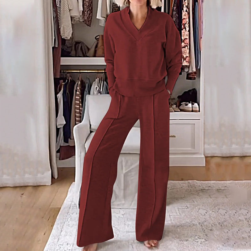 🎉49% OFF🥳Women's Solid Color V-neck Top & Pants Two-piece Set