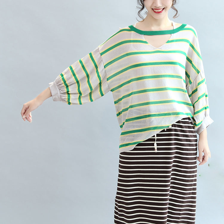 spring green striped cotton tops plus size lantern sleeve t shirt